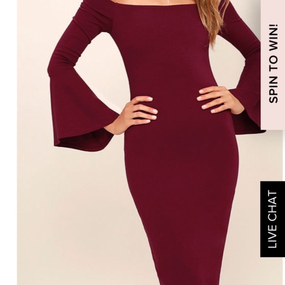 Lulu’s midi Burgundy off the shoulder dress.